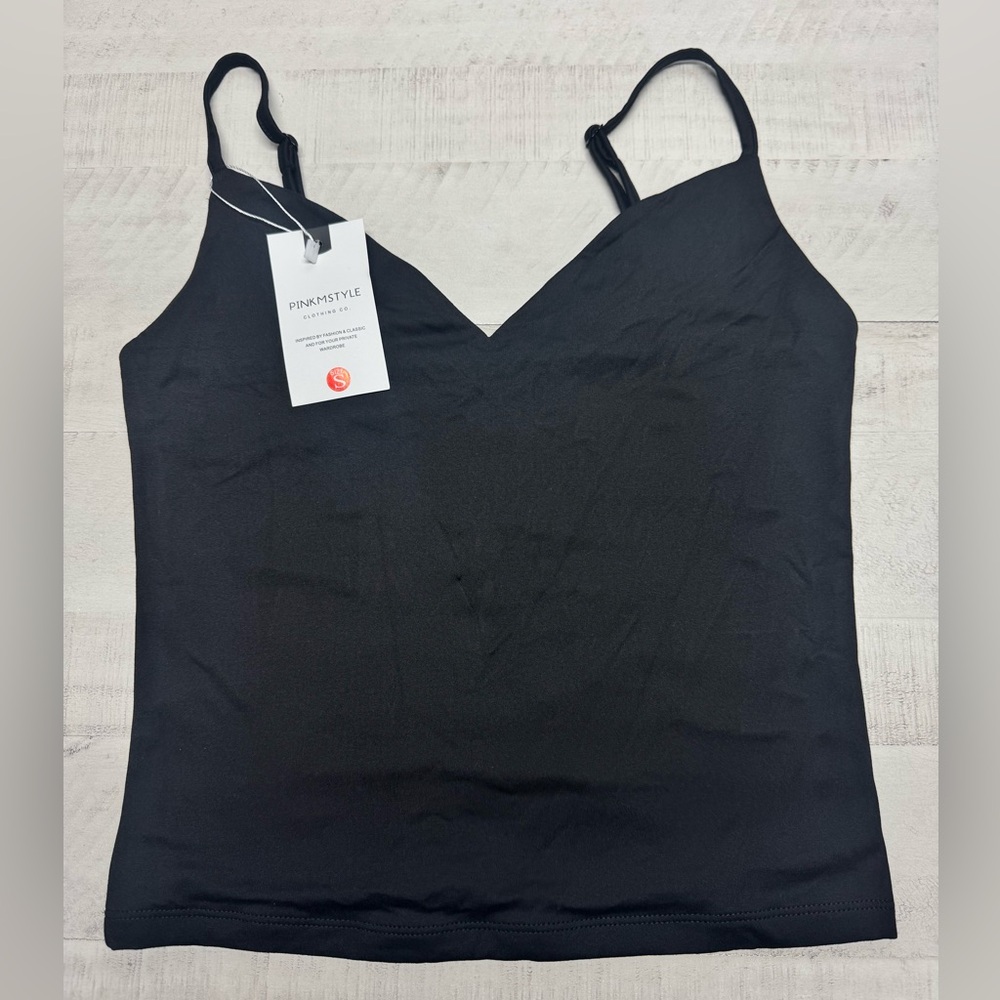 PINKMSTYLE Sexy V Neck Ruched Cami Top Sleeveless Spaghetti Double Layer Fitted